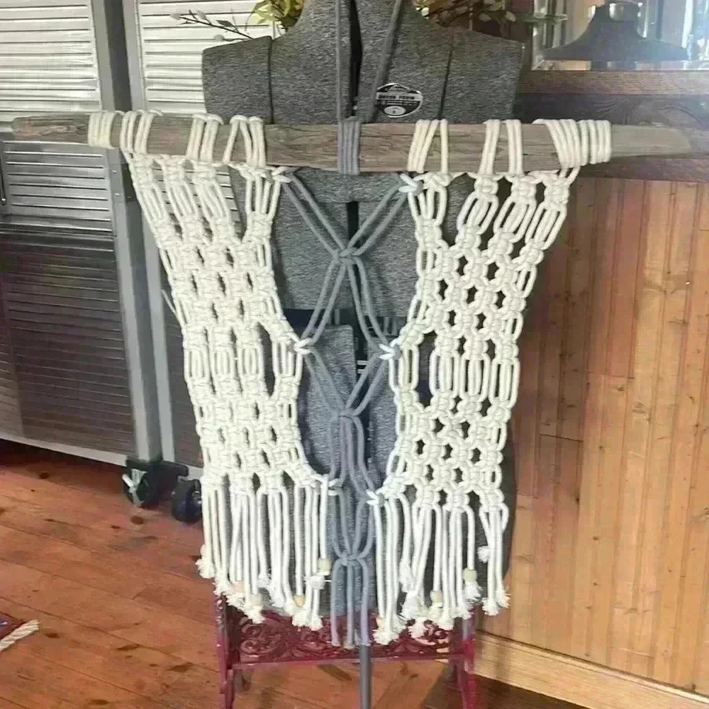Homemade beautiful, macramé art piece on driftwood. This was made in California.